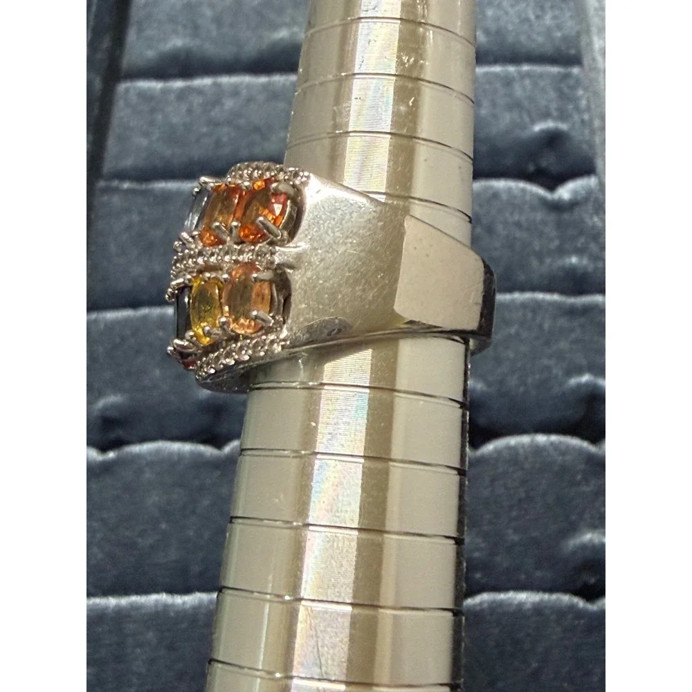 Multi Gemstone Rainbow Ring Wide Band Oval Cut 925 Yellow Blue Orange Green Sz 7